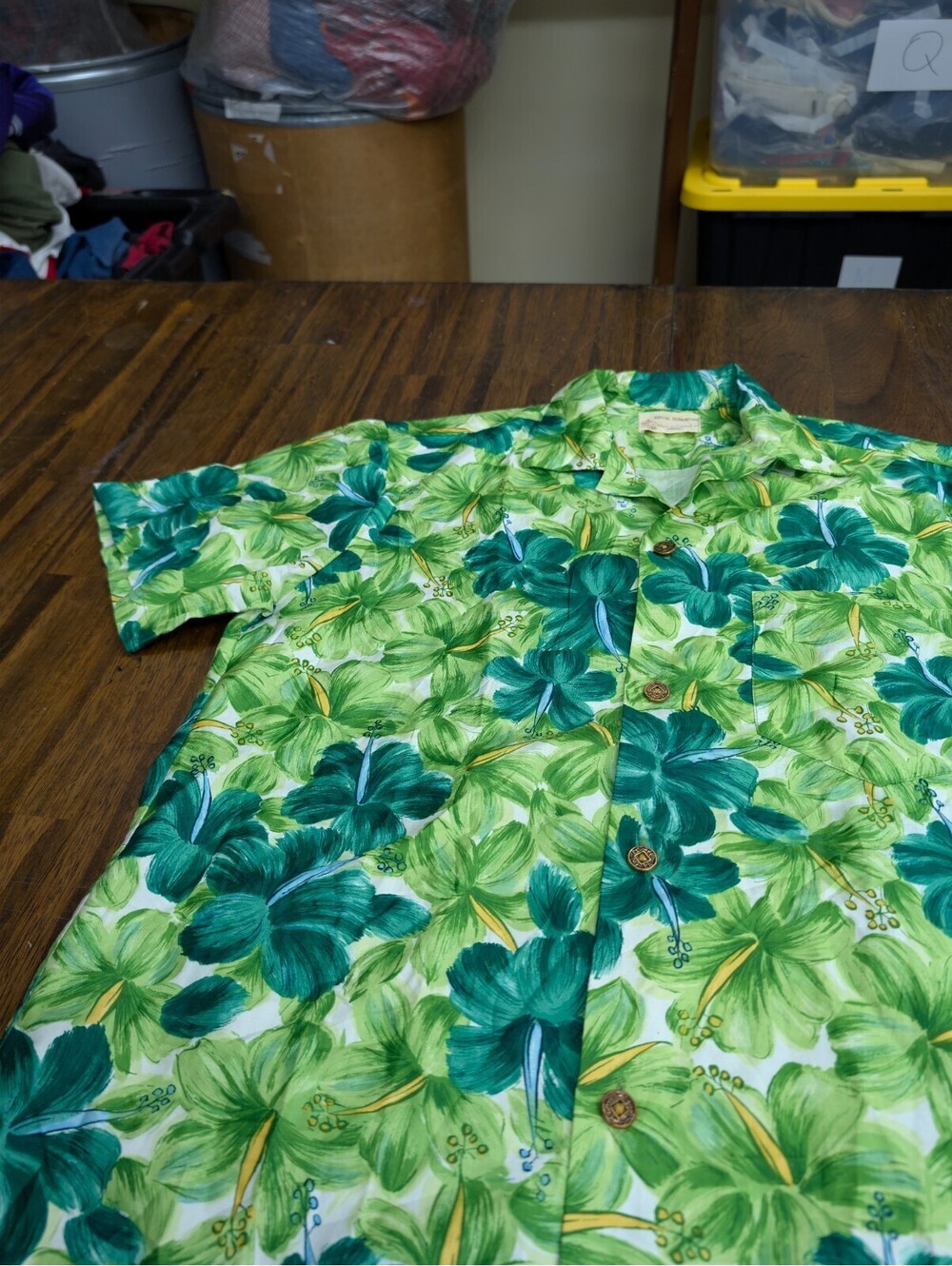 Hibiscus Hawaiian Shirt Royal Floral Aloha Coin Button L